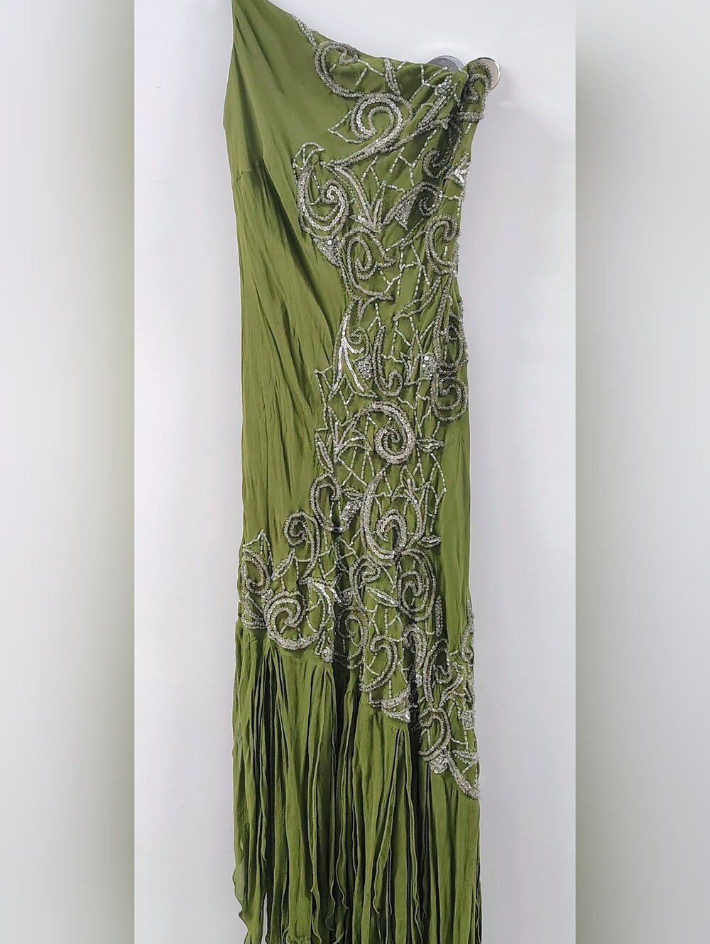 VTG FairyCore WhimsiGoth Crystal Bead Fringe Silk Green Gown Lillie Rubin 4